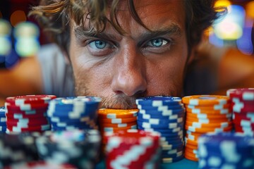 A vivid close-up shot of stacked casino chips representing wealth, risk, and gambling excitement at a casino