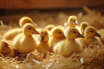 Close-up of little ducklings looking into the lens.