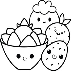  Kawaii coloring book illustration. Food coloring pages.