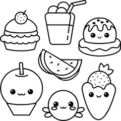  Kawaii coloring book illustration. Food coloring pages.