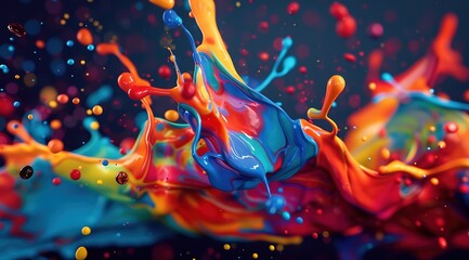 Colorful paint splash on dark background. Vibrant color combination. Abstract artwork expression. Liquid explosion in visual dynamism style