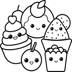  Kawaii coloring book illustration. Food coloring pages.