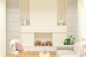 A fireplace in white living room cozy and elegant atmosphere