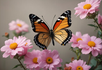 butterfly on flowers in minimal style