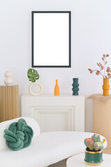 white wall with blank art frame in living room. interior modern design.