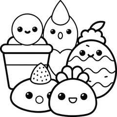  Kawaii coloring book illustration. Food coloring pages.