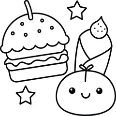  Kawaii coloring book illustration. Food coloring pages.