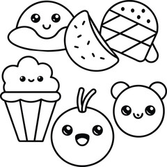  Kawaii coloring book illustration. Food coloring pages.