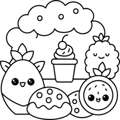  Kawaii coloring book illustration. Food coloring pages.