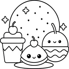  Kawaii coloring book illustration. Food coloring pages.