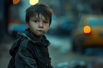 A boy dressed in old clothes on the street of the city. homeless, poor people