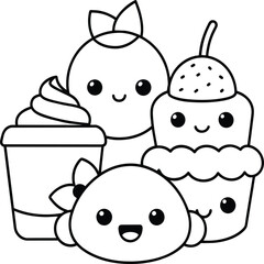  Kawaii coloring book illustration. Food coloring pages.