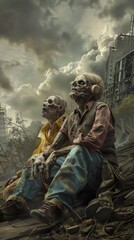 A post-apocalyptic world where two zombies are sitting on a pile of rubble. The zombies are looking up at the sky, as if they are waiting for something.