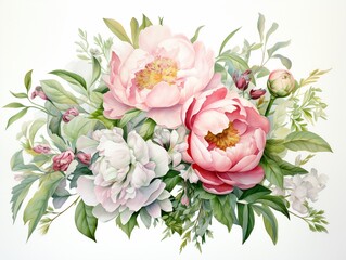 Peony wedding bouquet in watercolor, vibrant greens and soft pastels conveying depth and a fresh, airy quality ,  against pur white background