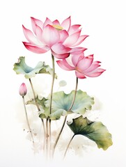 Simple yet tranquil pink lotus in watercolor, slender leaves, pure and isolated on white ,  high-detail texture