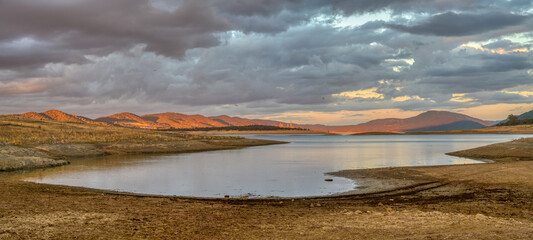 Puente Nuevo reservoir, Guadiato river, province of Cordoba, Spain. High resolution panorama.