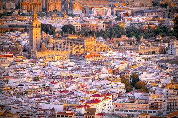 Naklejka premium Aerial view of Seville downtown, with the Giralda tower, the Cathedral and the Archivo de Indias building, among other landmarks, Spain.