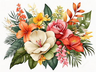 digital illustration of floral arrangement botanical composition with assorted tropical flowers and green leaves isolated on white background colorful bouquet