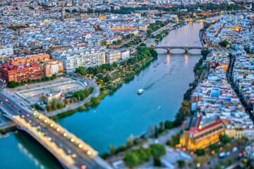 Fototapeta premium Aerial view of downtown Seville (Spain). Photo taken with a tilted lens for a shallower depth of field.