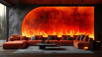 A cozy fireplace with burning logs crackles warmly in the living room