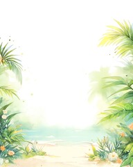 Obraz premium An illustration of a tropical beach with palm trees and white sand.
