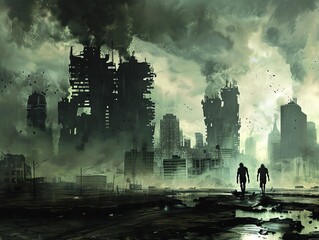 A post-apocalyptic city. The sky is dark and gloomy. The buildings are all in ruins. There are two figures walking away from the city.