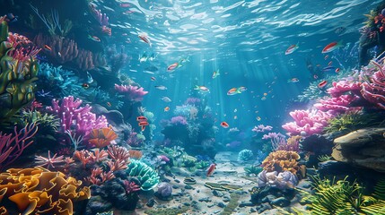 Naklejka na ściany i meble Virtual underwater world teeming with colorful coral reefs and exotic marine life, an aquatic adventure.