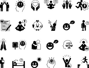 Black Set of Positive Thinking Icons. Vector Icons of Healthy Lifestyle, Patience, Gratitude, Calm, Bravery, Positive Attitude, Optimism, Volunteer, Sympathy and Other