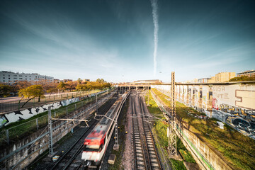 Fototapeta premium Approaching Train at Santa Justa Station, Seville at Dusk