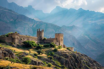 Sunset over green mountain with atlantic ocean, Faroe islands - Kallur lighthouse. Beautiful simple AI generated image in 4K, unique.