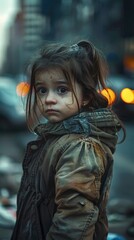 A girl dressed in old clothes on the street of the city. homeless, poor people