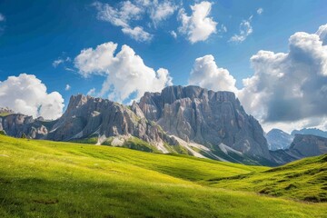 Obraz premium Sunset over green mountain with atlantic ocean, Faroe islands - Kallur lighthouse. Beautiful simple AI generated image in 4K, unique.