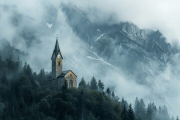 Sunset over green mountain with atlantic ocean, Faroe islands - Kallur lighthouse. Beautiful simple AI generated image in 4K, unique.