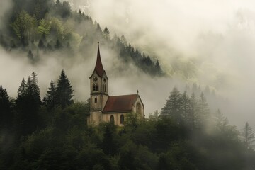 Fototapeta premium Sunset over green mountain with atlantic ocean, Faroe islands - Kallur lighthouse. Beautiful simple AI generated image in 4K, unique.