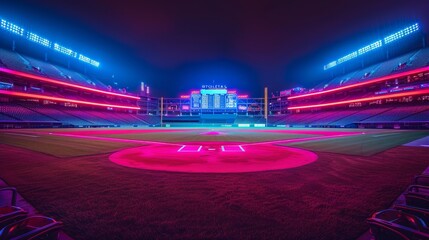 Baseball Stadiums Neon Sport: A photo showcasing the electrifying ambiance of an empty baseball stadium