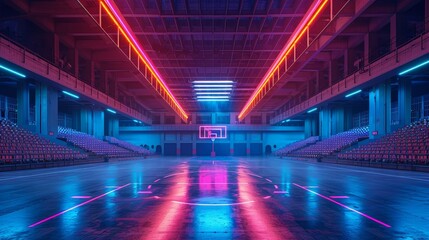 Basketball Arena Neon Lights: A photo of an empty basketball arena illuminated by neon lights
