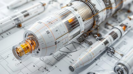 Reverse engineering concept with detailed plans of a modern rocket, showcasing advanced aerospace design techniques, close-up