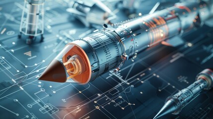Reverse engineering concept with detailed plans of a modern rocket, showcasing advanced aerospace design techniques, close-up
