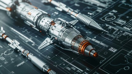 Reverse engineering concept with detailed plans of a modern rocket, showcasing advanced aerospace design techniques, close-up
