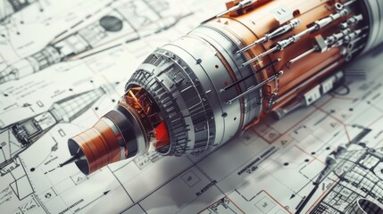 Technical plans for a modern rocket displayed for reverse engineering, showcasing detailed aerospace mechanics