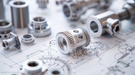 Precision drawings by engineering technicians, showcasing mechanical part designs for industrial applications, close-up