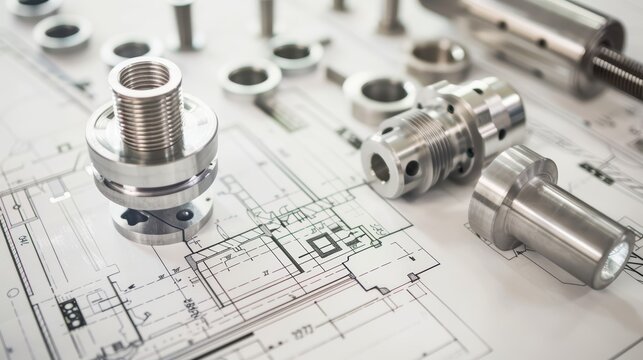 Technical plans for mechanical engineering components, drafted by skilled technicians for industrial manufacturing, close-up