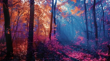 Obraz premium Forest Mystery: A neon photo depicting the mystery of a forest, with shadows and light playing among the trees