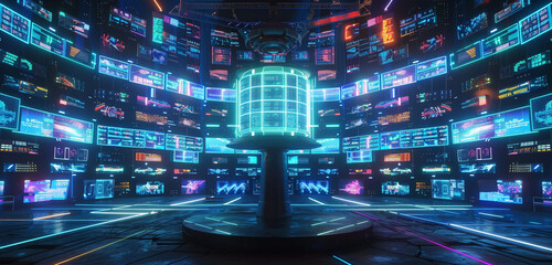 A virtual reality arena, designed as a cyberpunk coliseum, with layers of neon lights and digital...