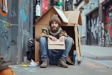 a man sits outside in a house made of cardboard boxes