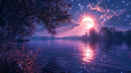 Obraz premium Lakes and Rivers Moonlight: A neon photo capturing the magical beauty of lakes or rivers under the moonlight