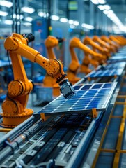Large Production Line with Industrial Robot Arms at Modern Bright Factory Solar Panels are being Assembled on Conveyor Automated Manufacturing Facility