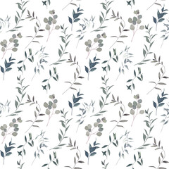 Organic herbal seamless pattern with eucalyptus branches. Greenery print on white background.