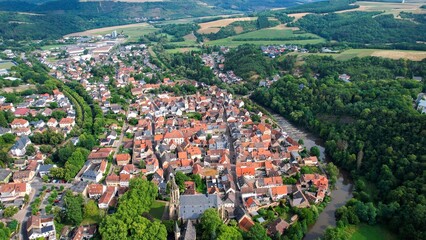 Aerial view of the old town of the city Meisenheim on a sunny spring day in Germany	