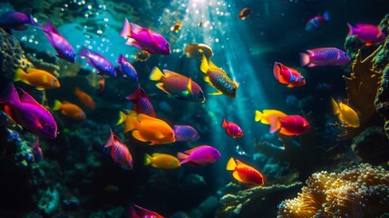 Naklejka premium Neon Fish Vibrant Ecosystem: A photo showcasing the vibrant ecosystem of neon fish